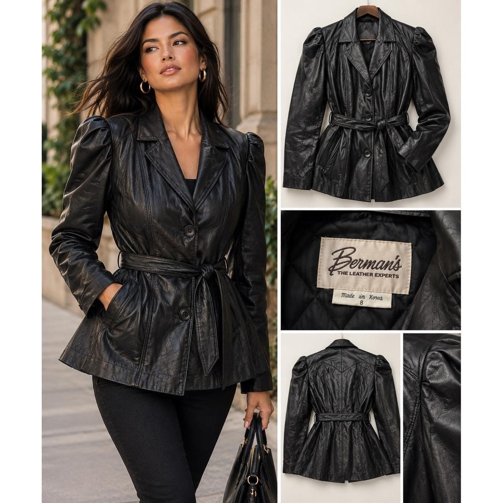 Berman's Vintage Black Leather Belted Puff Shoulder Jacket Coat Size 8 8064